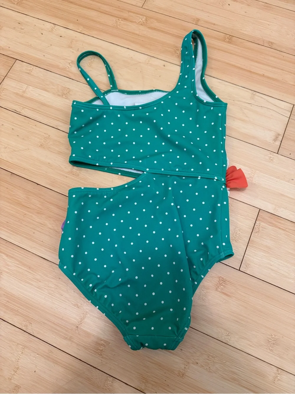 Mini Boden Teal Green Polka Dot One-Piece Swimsuit with Colorful Fish Appliqués
